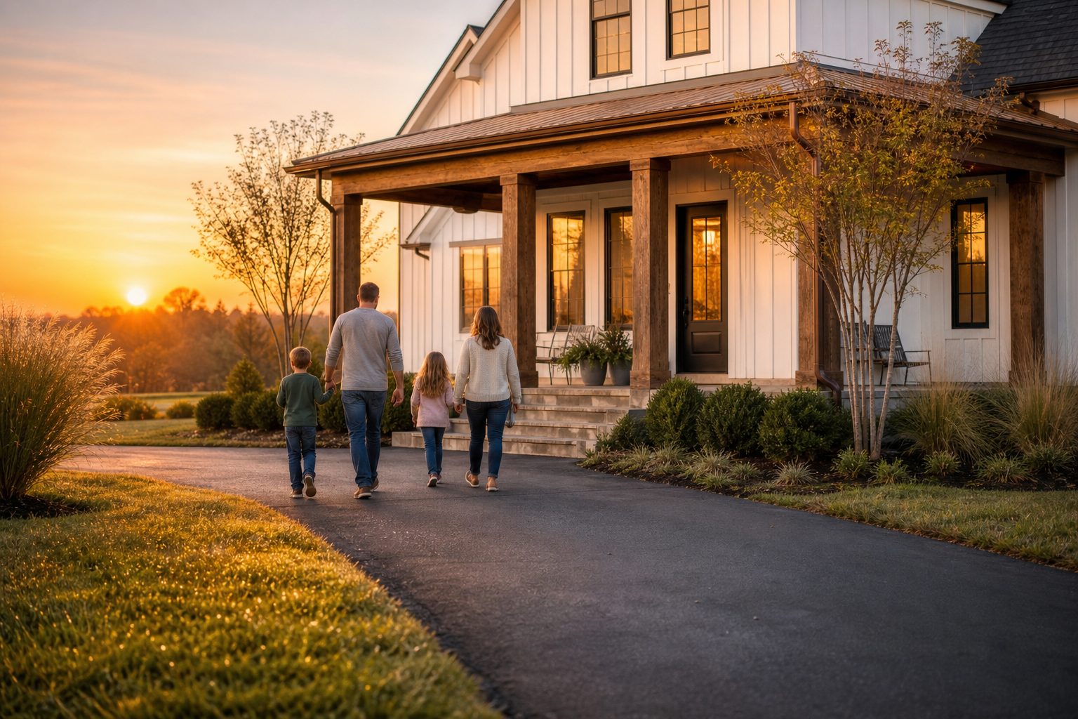 Young family walks toward a modern farmhouse home in Covington at dawn, with crepe myrtles and board-and-batten siding visible.