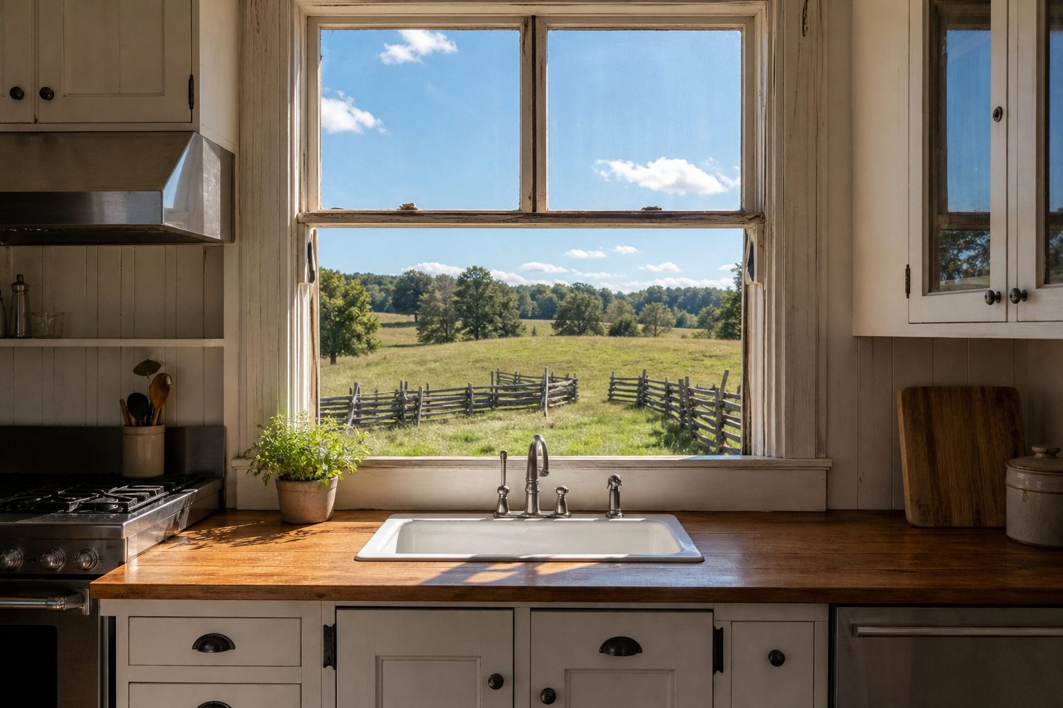 Bright farmhouse kitchen with white cabinetry and stainless steel appliances, viewed through window overlooking rural Atoka pastureland.